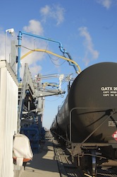 Rail car getting filled with ethanol at Patriot Renewable Fuels biorefinery